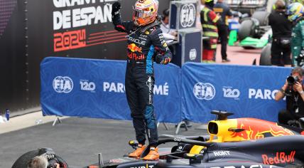 Red Bull's Dutch driver Max Verstappen celebrates winning the Spanish Formula One Grand Prix at the Circuit de Catalunya on June 23, 2024 in Montmelo, on the outskirts of Barcelona. 